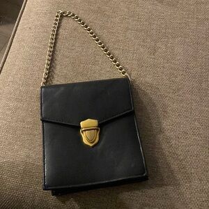 Black leather chain shoulder bag purse clutch handbag wristlet gold